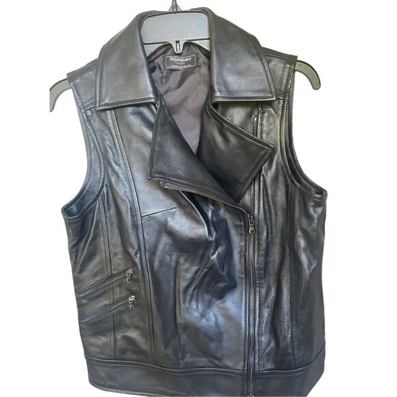 Yves Saint Laurent Unisex Adult Leather Vest Black Size XL Bikercore Winter Zip